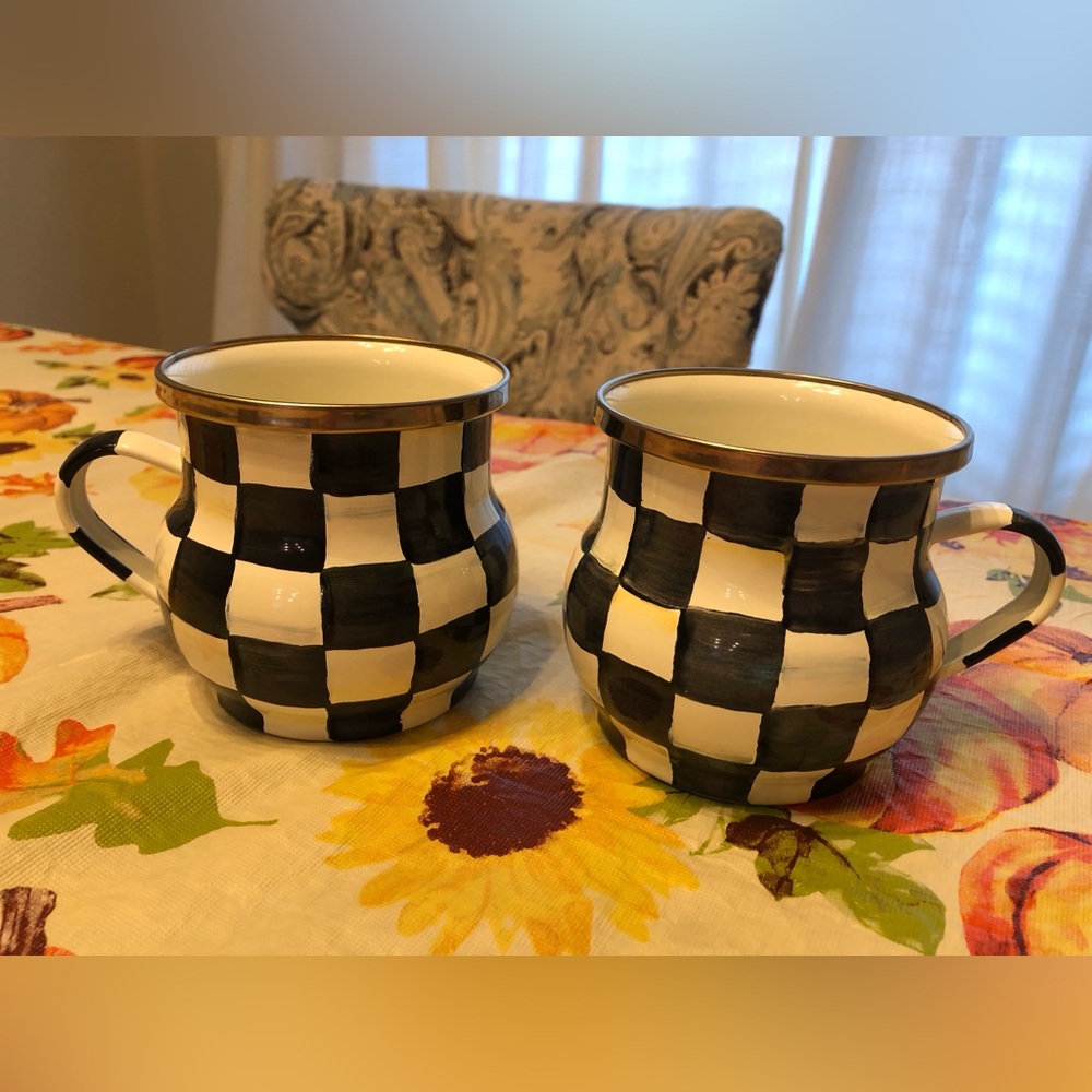 Mackenzie Childs enamel mug set courtly check